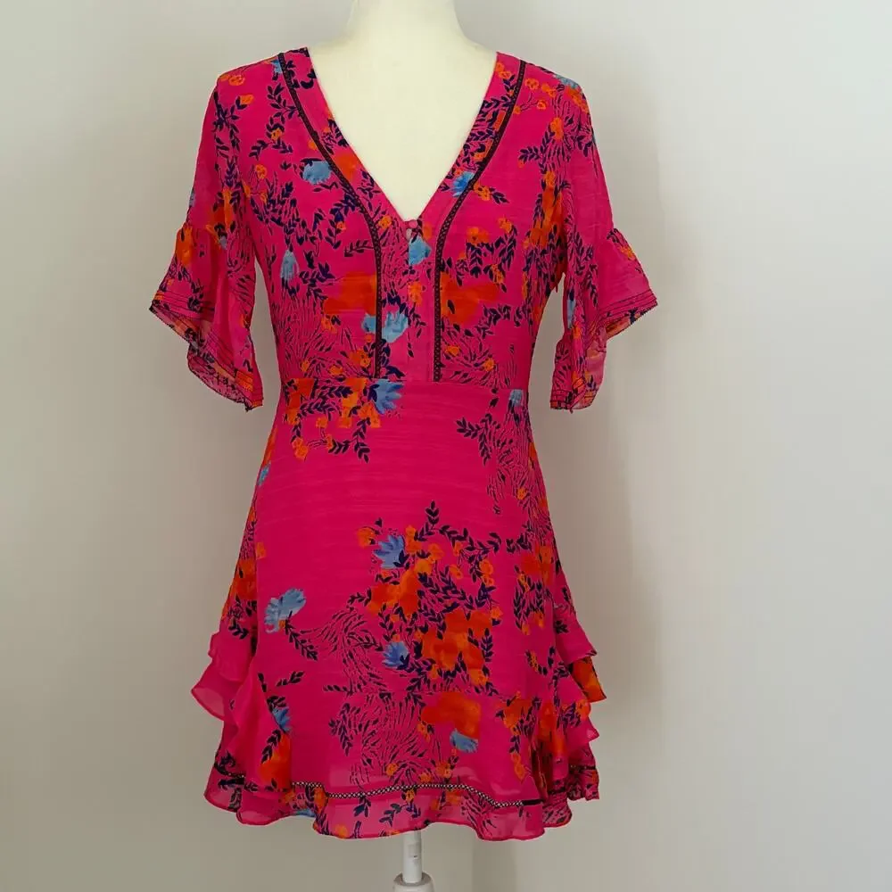 Tanya Taylor Kayla Falling Floral Pink Silk Mini Dress sz 6